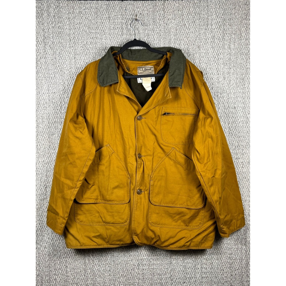 Vintage LL Bean Mens Large Field Coat Mustard Yellow Canvas Barn Jacket Liner